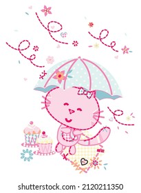 sweet little pink pussy cat playing in rain with blue cute umbrella and eating yummy cup cake infant baby girls t shirt graphic vector illustration