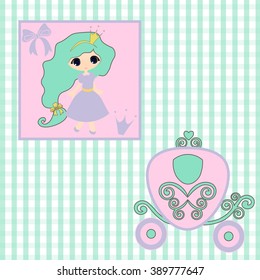 sweet little Princess  announcement  baby shower, fairytale Cartoon Illustration carriage Princess, vintage baby stroller invitation or card birthday, vector background illustration