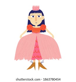 Sweet little princess in pink dress and shoes isolated on white background. Beautiful girl character with crown in ball gown. Hand drawn cartoon fairy style. Modern design. Trendy vector illustration