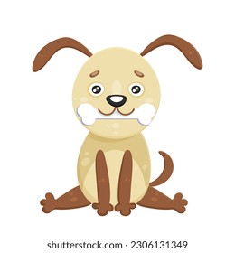 Sweet little puppy siting with bone in mouth. Collection funny animals. Cute domestic kind pet in cartoon style spotted small dog with long ears. Dog friend. Comic doggy for kids. Vector illustration