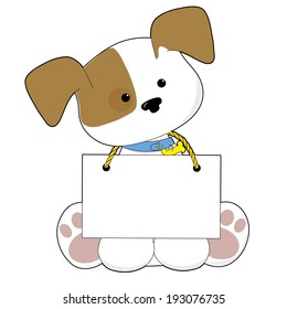 A sweet little puppy sitting with a blank sign around its neck. There is room to add your own text.