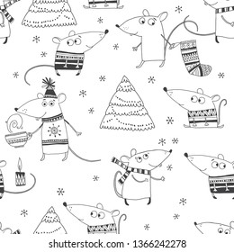 Sweet little rats, Christmas tree and snowflakes. Seamless vector pattern. A cartoon characters. Animal symbol of new year 2020.