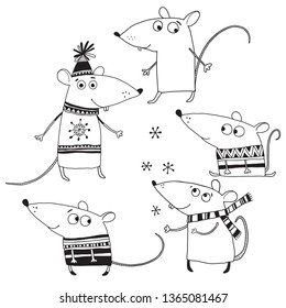 Sweet little rats. Vector cartoon illustration, isolated elements for design, greeting card or invitation on a white background. Animal symbol of new year 2020.
