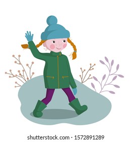 A sweet little red haired rosy girl in winter clothes is walking and waving her hand affably. Vector stock illustration.