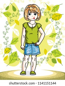 Sweet little redhead girl standing on background of spring landscape and wearing stylish casual clothes. Vector kid illustration.