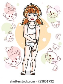 Sweet little redhead girl standing on childish background with kittens and wearing panties. Vector kid illustration.