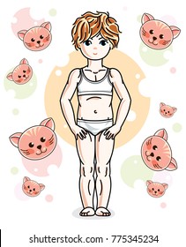 Sweet little redhead girl standing on childish background with kittens and wearing panties. Vector kid illustration.