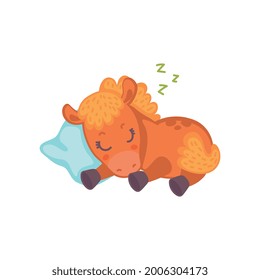 Sweet little sleeping pony horse cartoon character, flat vector illustration isolated on white background. Character of brown baby pony sleeping on pillow.