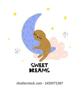 Sweet Little Sloth Sleeping On Moon Stock Vector (Royalty Free ...