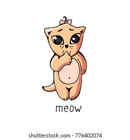 A sweet little sucking a finger with the inscription "meow". Vector illustration of a cartoon style isolated on white.