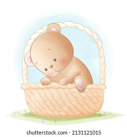 Sweet little Teddy bear is sitting in the wicker basket