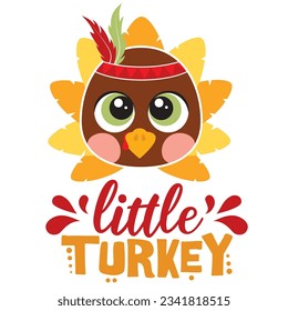 Sweet little Turkey vector illustration for boy.  Autumn vector design good for invitation, T shirt print, poster, card, sticker, label. My first Thanksgiving baby design
