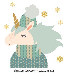 Sweet little unicorn in winter hat and warm sweater vector art. Nursery kids scandinavian hand drawn illustration. Graphic design t shirt and card print.