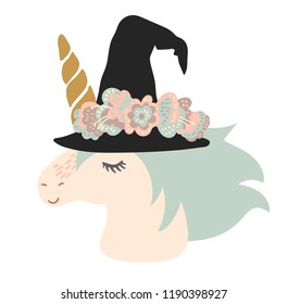 Sweet little unicorn in witch hat and flower crown to celebrate Halloween vector art. Nursery kids scandinavian hand drawn illustration. Graphic design t shirt card print.