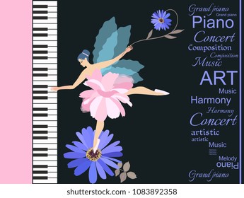 Sweet little winged fairy - ballerina in pink tutu playing on a large concert grand piano. Lovely blue chamomile and abstract text isolated on black background. Template for music poster in vector.
