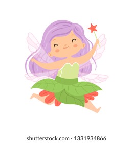 Sweet Little Winged Fairy Flying with Lilac Hair and Magic Wand, Beautiful Redhead Girl Character in Fairy Costume Vector Illustration