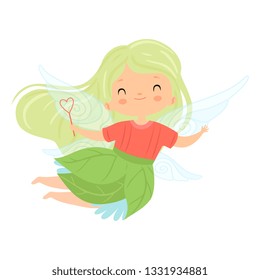 Sweet Little Winged Fairy with Green Long Hair, Cute Flying Girl Character in Fairy Costume with Magic Wand Vector Illustration