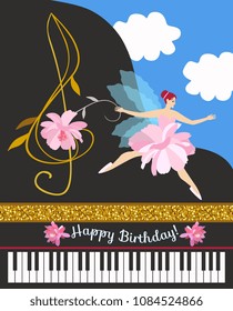 
Sweet little winged fairy and treble clef in the form of a beautiful flower against the background of an open concert grand piano and blue sky with white clouds. Greeting card Happy birthday. Vector.
