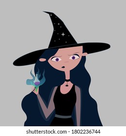 Sweet little witch. Illustration for Halloween.Cartoon character.Children's book illustration, sticker.