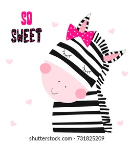 Sweet little zebra. Kids fashion print. Vector hand drawn illustration.