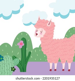 sweet llama with cactus cartoon