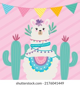 sweet llama with cactus plants