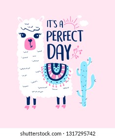 Sweet llama t-shirt design with slogan. Vector illustration design for fashion fabrics, textile graphics, prints.