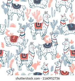 Sweet llamas cacrus seamless pattern. Alpaca kid illustration. Summer style graphic. Vector illustration