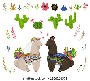 Sweet llamas couple with cacti and floral elements set. Cute cartoon characters in love. Design concept for wedding invitation, greeting card, print, poster. Vector illustration