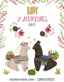 Sweet llamas couple in love. Cute cartoon characters. Happy Valentine's day. Design concept for invitation, greeting card, print, poster. Isolated on white background. Vector illustration