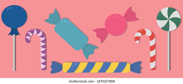 Sweet lollipop. Candy cane. Colorful set of sweets. Colored vector illustration collection. Isolated pink background. Flat style. Delicious dessert for children. Festive print. Web design.