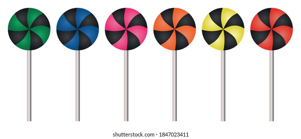 Sweet lollipop. Caramel on a stick. Vector color collection of illustrations. Isolated background. Halloween. Wallet or life. Colorful set of sweets. Flat style. Trick or treat. Festive print. 
