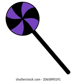 Sweet lollipop. Caramel on a stick. Silhouette. Black and purple candy. Vector illustration. Isolated white background. Trick or treat. Halloween Festive print. Idea for web design.