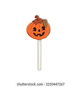 Sweet lollipop in the form of a pumpkin. Candy on a stick, pumpkin head. Halloween holiday concept. Stock vector illustration of halloween lollipop. Isolated white background.