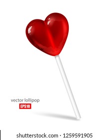 Sweet lollipop in the form of a red heart on a white background, tasty candy, lovers, a treat for children. Food, dessert, sugar. 3D effect. Vector illustration. EPS10