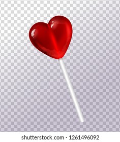 Sweet lollipop in the form of a red heart on a transparent background, tasty candy, lovers, a treat for children. Food, dessert, sugar. 3D effect. Vector illustration. EPS10