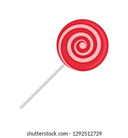 Sweet lollipop, round spiral red and white sugar candy on plastic stick vector Illustration