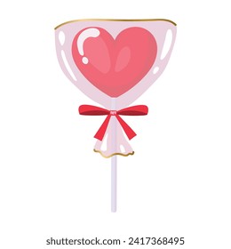 Sweet lollipop in shape of heart in package on white background