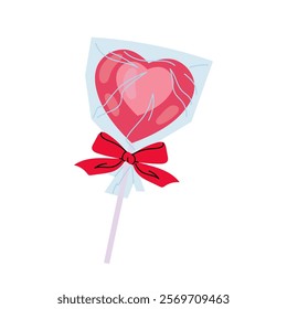 Sweet lollipop in the shape of a heart. Valentine's day. Flat vector illustration of candy in transparent packaging.