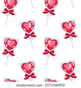 Sweet lollipop in the shape of heart. Valentine's Day seamless pattern for textile, wrapping paper, background.