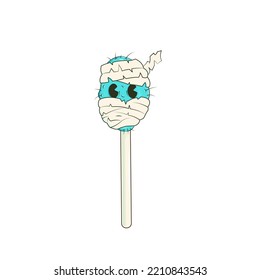 Sweet lollipop in the shape of a mummy's head. Candy on a stick, mummy's head. Halloween holiday concept. Stock vector illustration of halloween lollipop. Isolated white background.