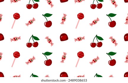 Sweet lollipops with cherry flavor seamless pattern. Hard candy with taste cherry. Flat Vector illustration isolated on white background