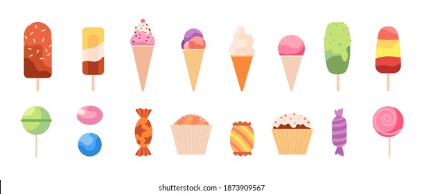 Sweet lollipops. Dessert sweets, candy ice cream cupcakes. Confectionery food, cartoon flat delicious kids gifts utter vector collection