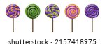 Sweet lollipops with Halloween striped pattern, twisted hard sugar candies on wooden stick. Vector cartoon set of caramel suckers with swirly patterns