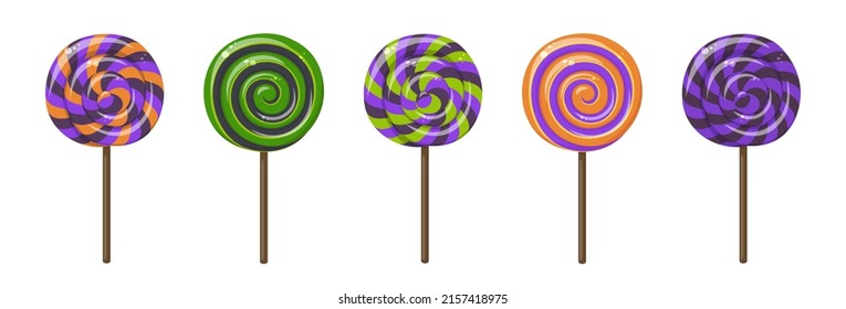 Sweet lollipops with Halloween striped pattern, twisted hard sugar candies on wooden stick. Vector cartoon set of caramel suckers with swirly patterns