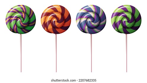 Gololipops dulces con un patrón de rayas de Halloween, cañas de azúcar duras retorcidas sobre un palo de madera. Conjunto de dibujos animados vectores de suckers de caramelo con patrones de rotación