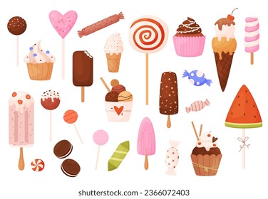 Pozas dulces y helados. Caramelo y caramelos, postre cremoso de chocolate. Conos de gofre, palillos y chupete. Iconos de comida vectorial aislados