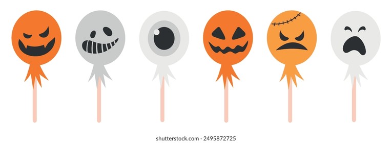 Sweet lollipops with scary pattern for Halloween, twisted hard candies on wooden stick. Vector cartoon set of caramel lollipops with Halloween patterns