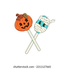 Sweet lollipops in the shape of a pumpkin head and a mummy.Candy on a stick,pumpkin head,mummy head.Halloween holiday concept.Stock vector illustration of halloween lollipops.Isolated white background