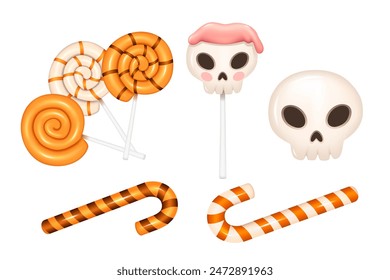 Sweet lollipops with skull stripped and cone shapes Halloween themed candies vector illustration isolated on white background